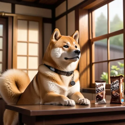 Prompt: A realistic image of A Shiba Inu sitting in a japandi house whilst talking on the phone he eats a hersheys chocolate bar. The time is morning and light beams in from the windows