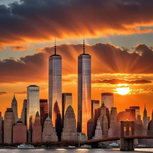 Prompt:  towering twin towers of the World Trade Center standing tall over New York City, vibrant orange sun low in the sky behind the towers, beautiful detailed windows reflecting the sunset, (realistic, photorealistic:1.37), ultra-detailed, (photography:1.2), HDR, sharp focus, scenic landscape, New York City skyline in the distance, clouds illuminated by the setting sun, vivid warm colors

