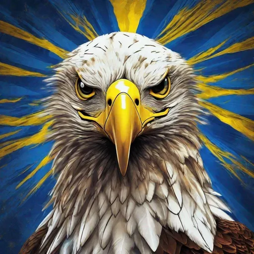 Prompt: Surreal depiction of majestic Eagle rising from Ukraine flag, against Russian missiles, resilience, rebirth, digital photo, Ukraine flag, Russian missiles, surreal, symbolic, digital art, vibrant colors, detailed feathers, fiery symbolism, powerful wings, intense gaze, symbolic flames, high quality, digital photo, surreali