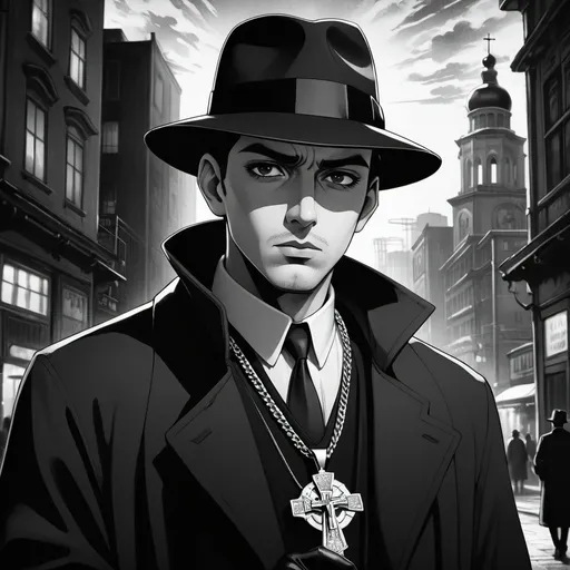 Prompt: Anime illustration of a Noir detective, 1950s city backdrop, holding a revolver, wearing a black coat and hat, with detailed facial features, eastern orthodox crucifix necklace, intense and focused gaze, intricate urban setting, highres, ultra-detailed, anime, noir, detailed eyes, classic style, atmospheric lighting