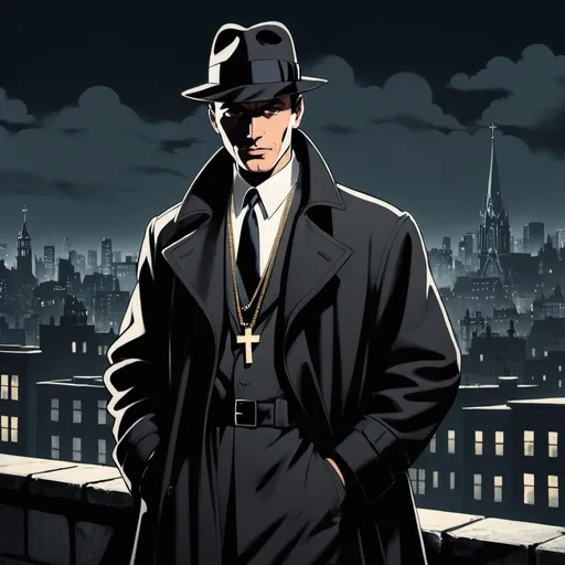 Prompt: Detective, 1950s, Noir, holding revolver, city background, black coat and hat, wearing crucifix necklace, anime, 
