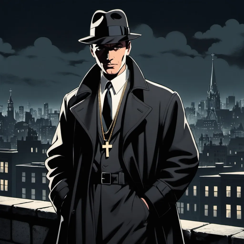 Prompt: Detective, 1950s, Noir, holding revolver, city background, black coat and hat, wearing crucifix necklace, anime, 