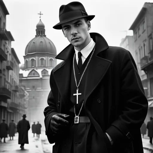 Prompt: Detective, 1950s, Noir, holding revolver, city background, black coat and hat, wearing eastern orthodox crucifix necklace, anime, 