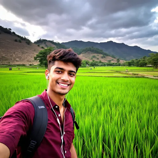 Prompt: Standing amidst lush green rice paddies under a dramatic sky, a young man in a burgundy button-up shirt flashes a warm smile, exuding confidence and tranquility. His black backpack and earphones suggest he is on a leisurely outing, possibly exploring the natural beauty surrounding him. The distant hills, partly covered in sparse foliage and dotted with trees, contrast with the vibrant greens of the fields, while a few figures can be seen farther away, adding a sense of liveliness to the scene. The lighting, soft and warm, enhances the peaceful atmosphere, inviting viewers to share in this moment of relaxation and connection with nature.