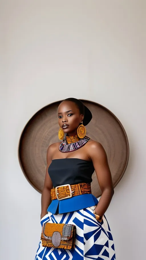 Prompt: "Create a series of images showcasing a woman wearing a variety of modern outfits, each paired with traditional African accessories. The focus should be on the accessories, which include a bold African belt with intricate patterns, a matching handbag with traditional textile designs, vibrant earrings, and a tie featuring African motifs. The outfits can range from a sleek, tailored pantsuit, a chic cocktail dress, to a stylish business-casual look. The color palette should be harmonious, with the accessories standing out as statement pieces. The overall goal is to highlight how African accessories can seamlessly integrate into contemporary fashion, suitable for a special event. The model should exude confidence and elegance, reflecting the spirit of a modern entrepreneur."