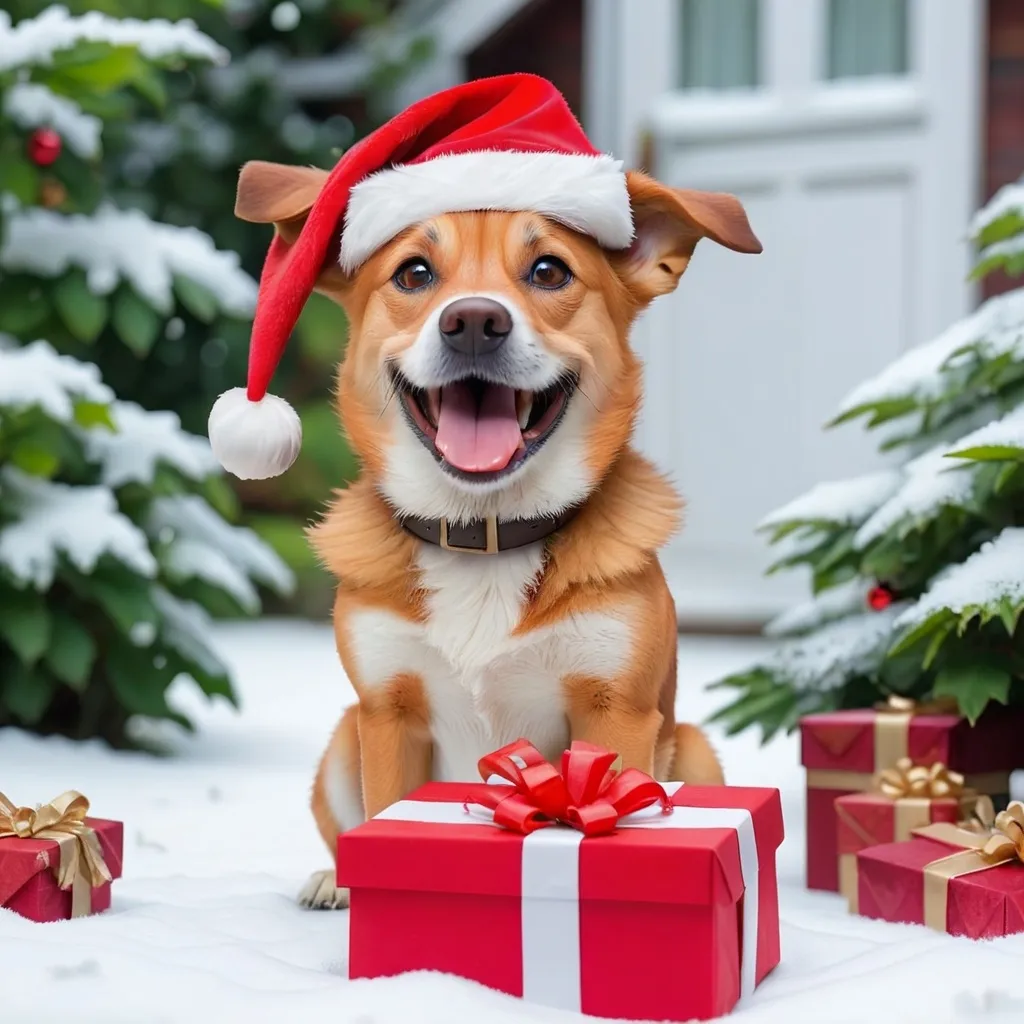 Prompt: A cheerful dog with a Santa hat holding a gift box in a snowy garden