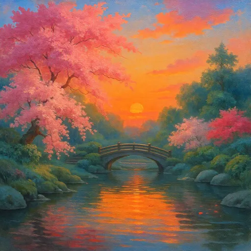 Prompt: Create an oil of A serene

Japanese garden,
at sunset, with cherry
blossoms floating on a
koi pond, painted in the
style of Studio Ghibli.