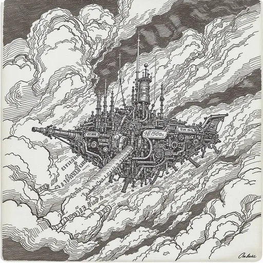 Prompt: A steampunk-inspired
flying ship soaring
through clouds
made of  machine components
in the style of a vintage
pen and ink drawing.

