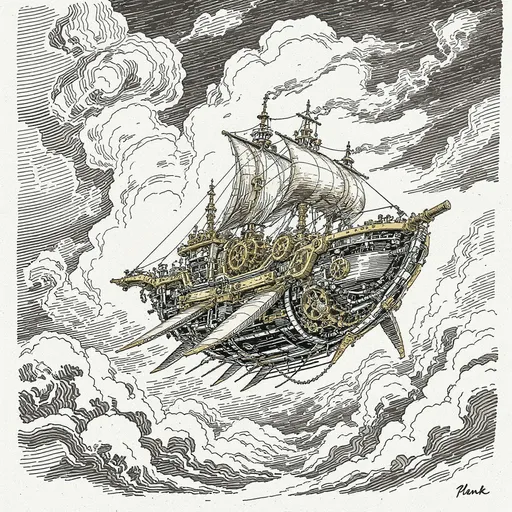 Prompt: A steampunk-inspired
flying ship soaring
through clouds
made of  machine components
in the style of a vintage
pen and ink drawing.

