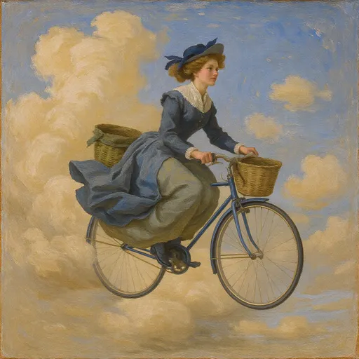 Prompt: A woman dressed in Victorian clothes flies through the air on a bicycle in the painting style of Mary Cassat
