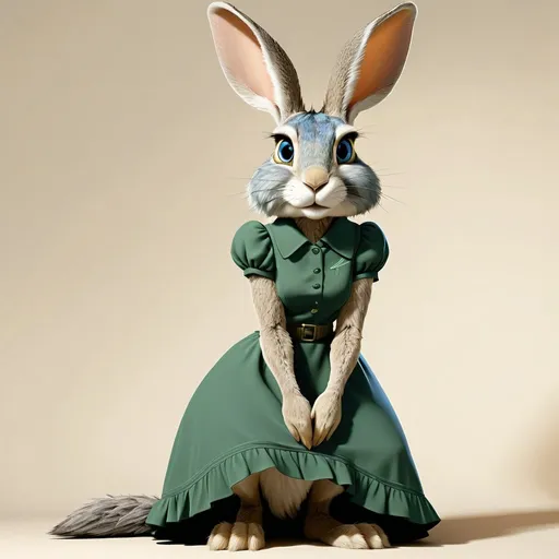 Prompt: A blue furry female Jackrabbit wearing a hunter green dress, poise with elegance. 