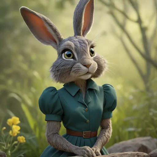 Prompt: A blue furry female Jackrabbit wearing a hunter green dress, poise with elegance. 