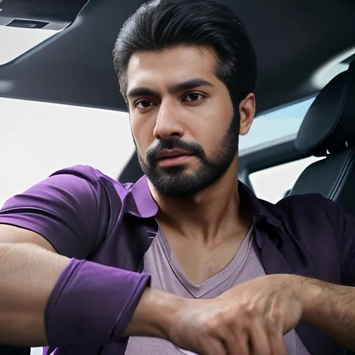 Prompt: Indian male with full beard, semi-muscular physique, intense gaze, 3D rendering, detailed facial features, high definition, realistic, dramatic lighting, warm tones, purple shirt, sitting in bmw, photo taken from far, professional, detailed eyes, realistic 3D rendering, detailed facial hair, intense expression, high quality, warm lighting, semi-muscular physique, realistic textures, professional 3D modeling
