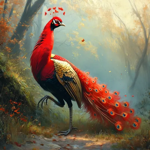 Prompt: A golden red peacock running 