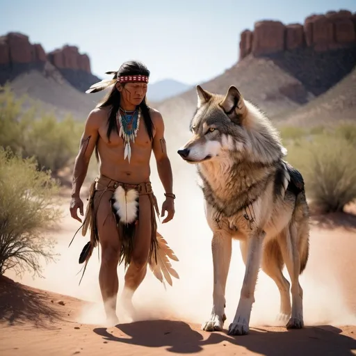 Prompt: A wolf and a native american becoming one. A desert scene, apache