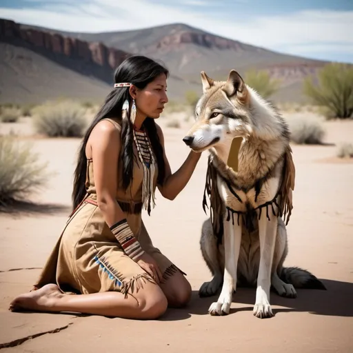 Prompt: A wolf and a female native american wearing a buckskin dress, she kneels beside, their heads are touching, becoming one. A desert scene, apache