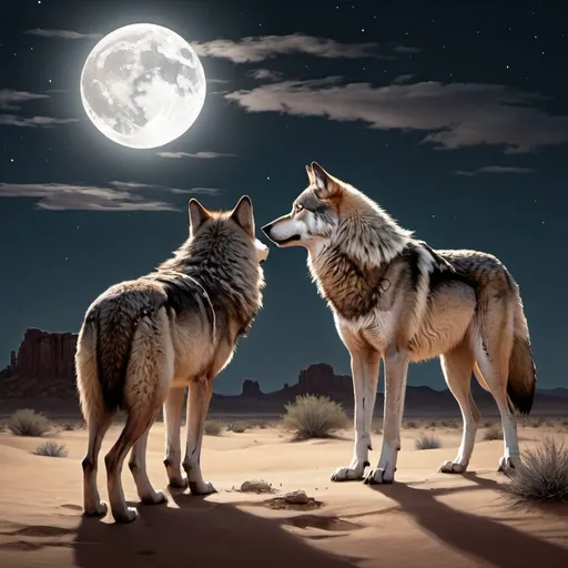 Prompt: A wolf and a native american in the moonlight. A desert scene 