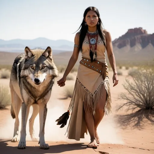 Prompt: A wolf and a female native american wearing a buckskin dress, becoming one. A desert scene, apache