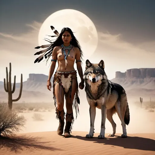 Prompt: A wolf and a female native american becoming one. A desert scene, apache