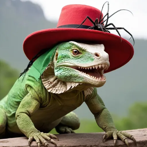 Prompt: giant lizard with spider hat