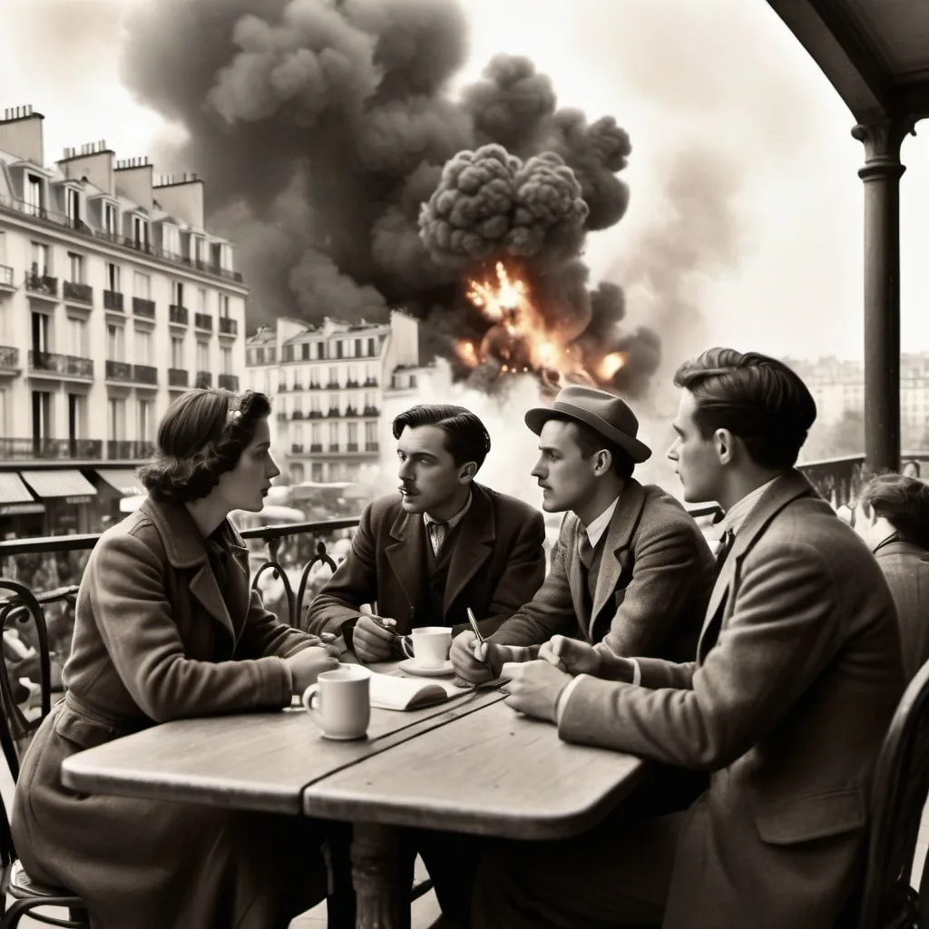 Prompt: creates an image of a group of 5 writers in their 30s talking on a terrace of a Parisian cafe while explosions and bombings are seen in the background. The year in 1930