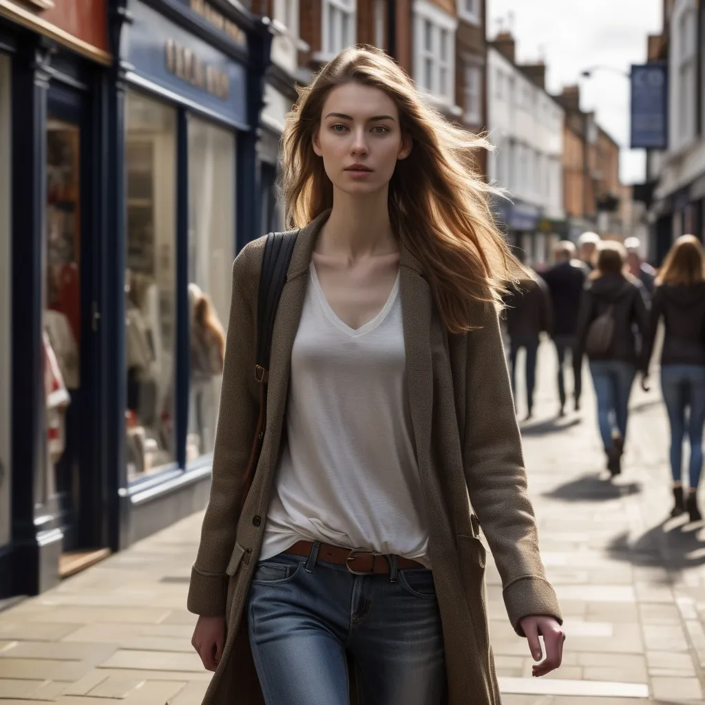 Prompt: Tall young woman walking down the high street, detailed clothing, realistic, natural lighting