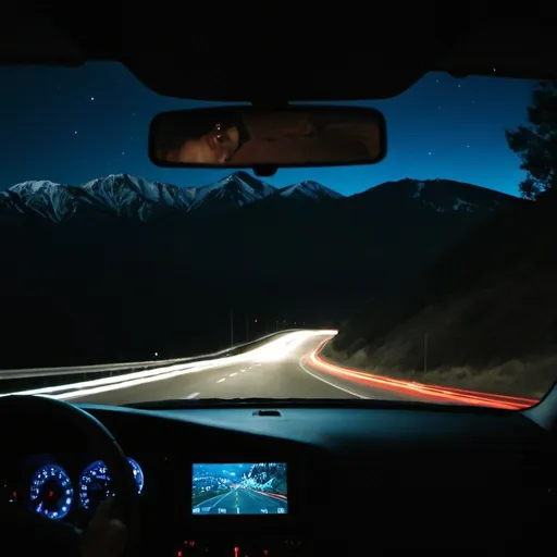 Prompt: late night drive towards Mountain(view from within the car), long exposure