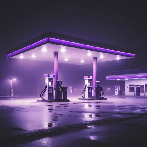 Prompt: empty gas station, foggy night, purple ambient lighting, give a mysterious vibe
