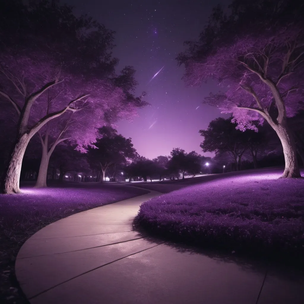 Prompt: park at night, purple ambient lighting, mysterious vibe, purple shooting star