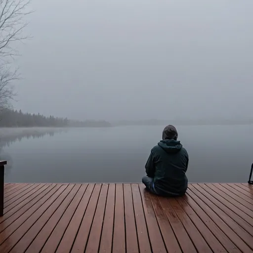 Prompt: Very Foggy deck (cloudy evening) and someone sitting on the deck leading to lake facing away from the camera 