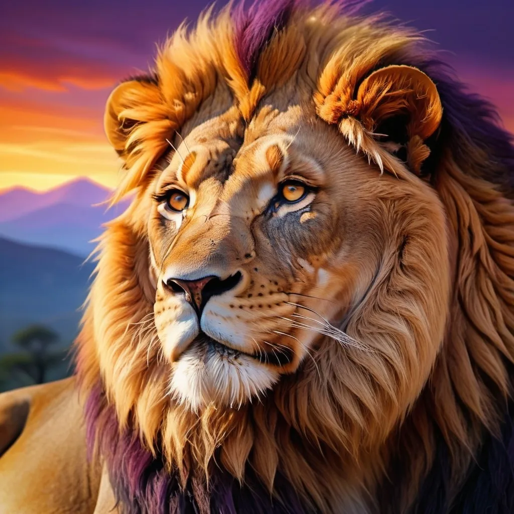 Prompt: Face of lion color full sitting on with sunset back ground

