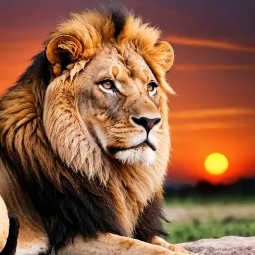 Prompt: Face of lion color full sitting on with sunset back ground

