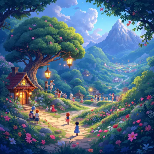 Prompt: ghibli-style cartoon, whimsical atmosphere, vibrant colors, fantastical landscapes, dreamy characters, intricate background details, enchanting scenes, enchanting mood, elegant line art, lush greenery and enchanting colors, magical ambiance, captivating storytelling vibe, high-quality 4K, ultra-detailed depiction, reminiscent of classic Studio Ghibli films.