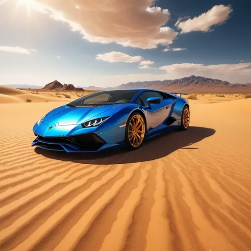 Prompt: (car in a vibrant desert backdrop), (Lamborghini shining under sunlight), vast sandy landscape, striking shadows, warm golden tones, glimmering body, deep blue sky, dramatic clouds, exhilarating atmosphere, high contrast, (4K) ultra-detailed, sense of adventure and freedom, sleek design, mirrors the arid beauty of the surroundings.