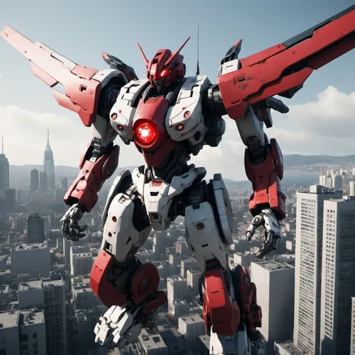 Prompt: Mecha with one red eye, flying over a city, full-body, cinematic render