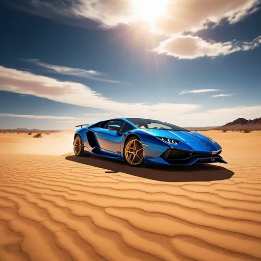 Prompt: (car in a vibrant desert backdrop), (Lamborghini shining under sunlight), vast sandy landscape, striking shadows, warm golden tones, glimmering body, deep blue sky, dramatic clouds, exhilarating atmosphere, high contrast, (4K) ultra-detailed, sense of adventure and freedom, sleek design, mirrors the arid beauty of the surroundings.