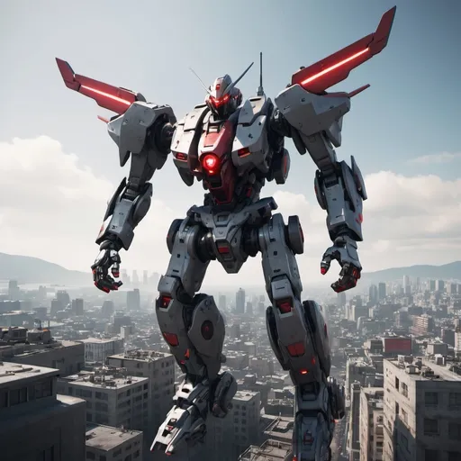 Prompt: Mecha with one red eye, flying over a city, full-body, cinematic render