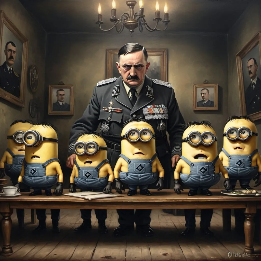 Prompt: Minions serving Adolf Hitler in 1945, oil painting, historical setting, realistic details, somber and muted tones, dramatic lighting, high quality, realistic, historical, minions, Adolf Hitler, 1945, oil painting, somber tones, dramatic lighting, detailed uniforms, serious atmosphere