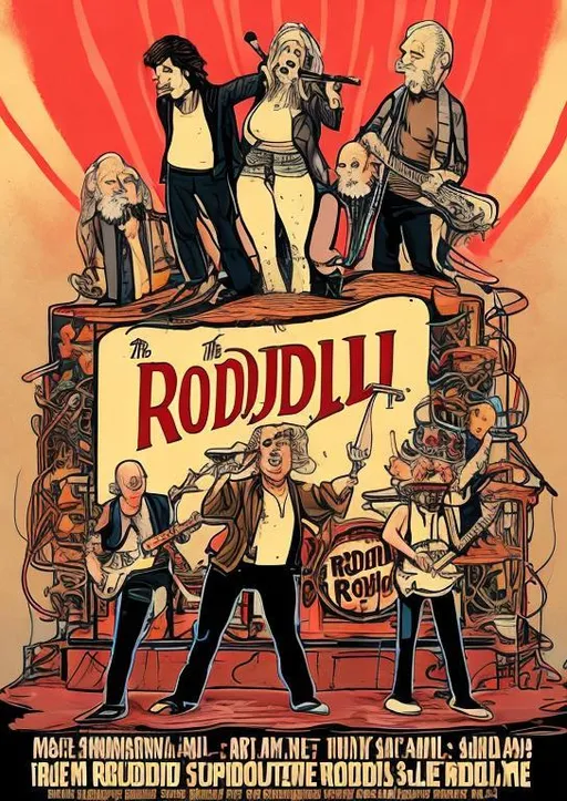 Prompt: create a poster for a band called "The Roditelji" showing old guys and a female singer on the stage and the band name behind