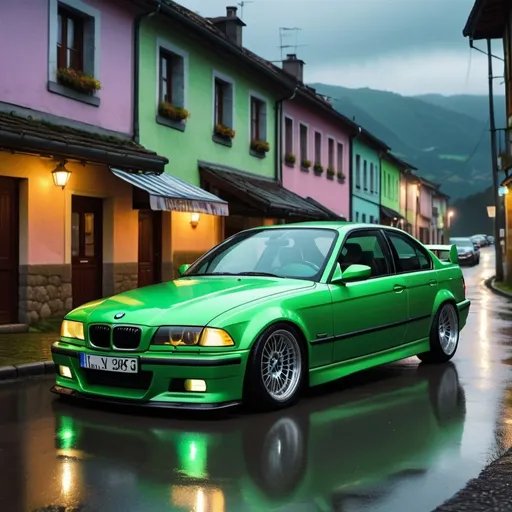 Prompt: un bmw e36 preparado para competicion de color verde con neones verdes el fondo sera una carretera en el pueblo de zarautz la carretera mojada y que refleje los neones en el suelo