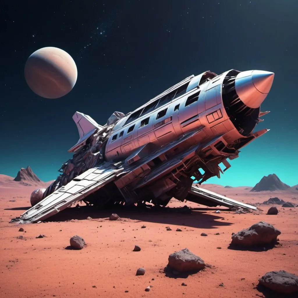 Prompt: Spaceship, crashed on planet, 80s style, metal