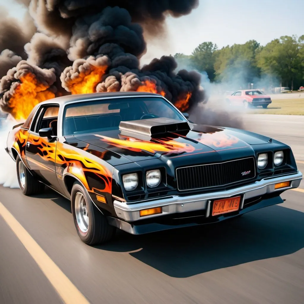 Prompt: 1980s Muscle car, driving fast, smoke, fire