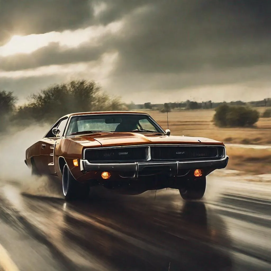 Prompt: Dodge charger 1975, Epic chase, high speed, drift, wet road, bright sun