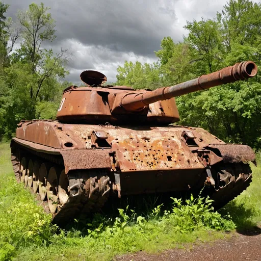 Prompt: Tank, rusty, damaged, abandoned 