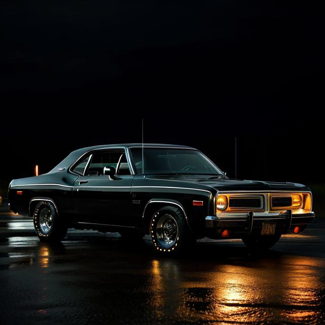 Prompt: 1975 Dodge, night, raining, lights on