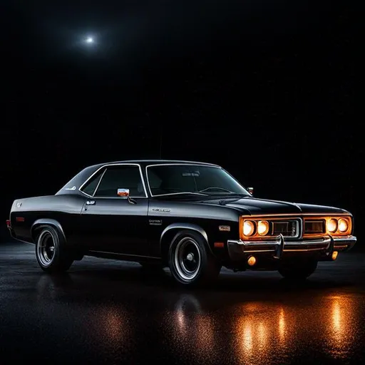 Prompt: 1975 Dodge, night, raining, lights on