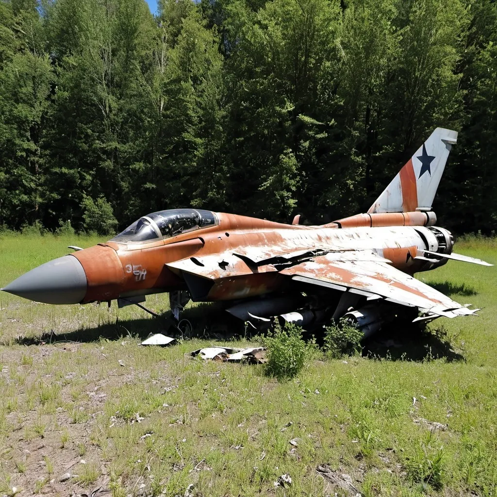 Prompt: Jet fighter, crashed, rusty, damaged, abandoned 