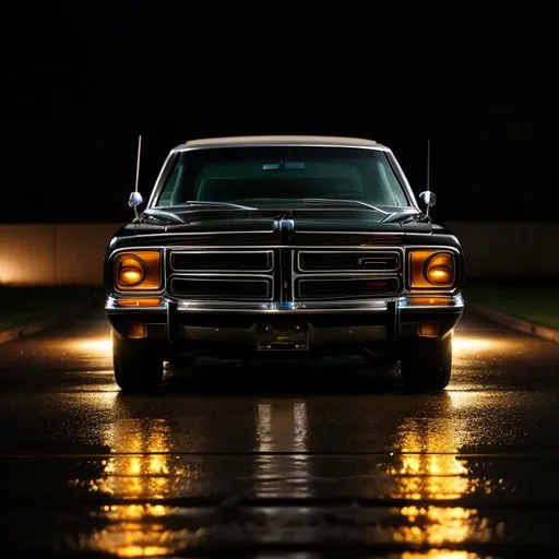Prompt: 1975 Dodge, night, raining, lights on