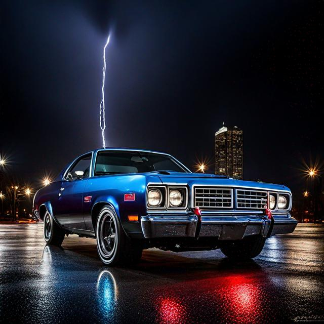 Prompt: 1975 Dodge, night, raining, lights on