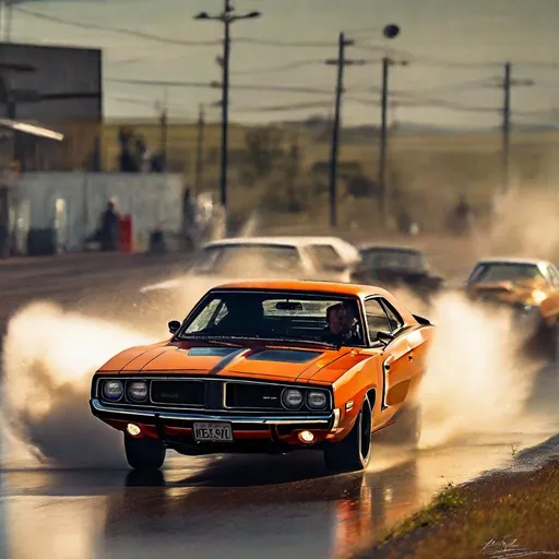 Prompt: Dodge charger 1975, Epic chase, high speed, drift, wet road, bright sun